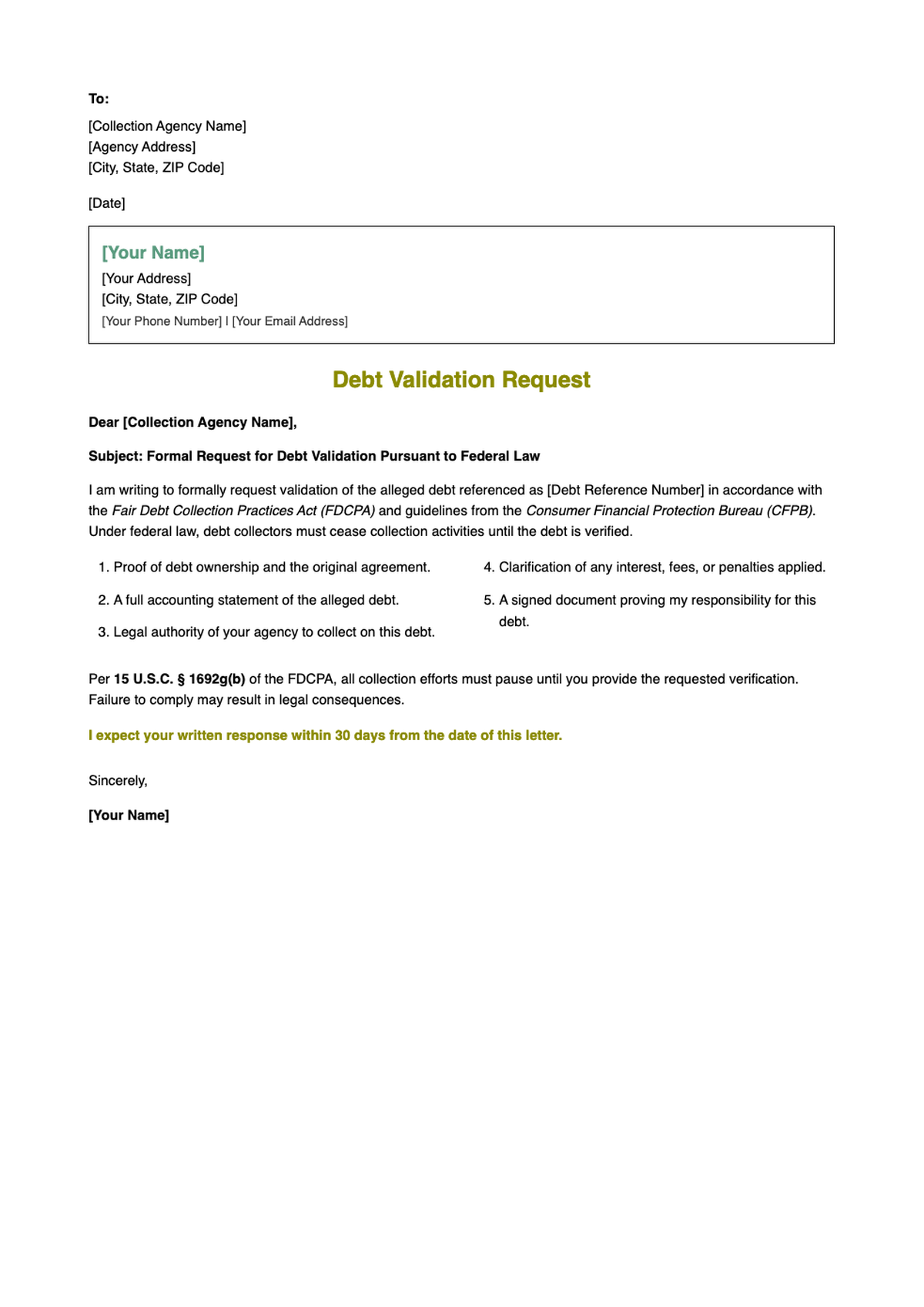 Debt Validation Letter Template with Definition and Sample Form_variant_3
